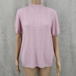 Alfred Dunner Pink Sequin Cable Knit Sweater Short Sleeve Mock Neck Wool Blend